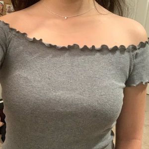 Hollister - gray offshoulder lettuce trimmed top